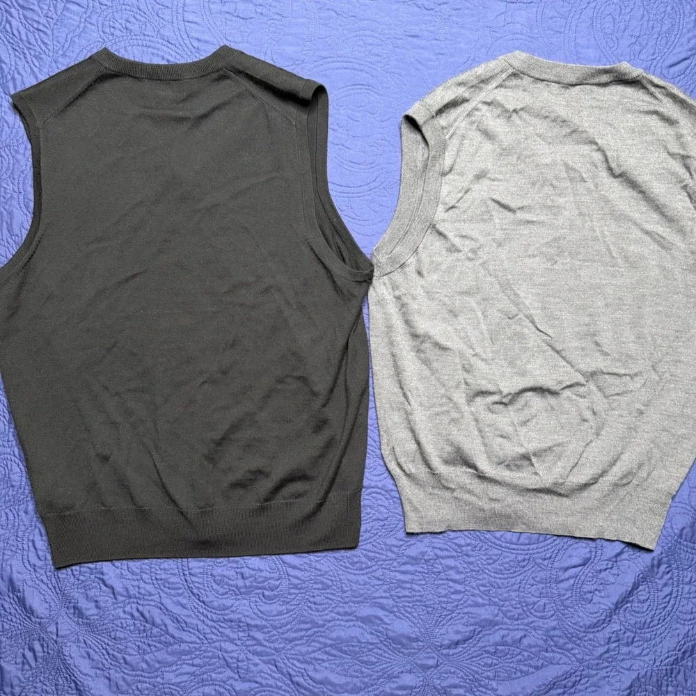 Brooks Brothers Mens Merino Wool V-Neck Sweater Vest Lot Black Gray Large 2pc